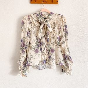 ZARA Cream Chiffon Ruffle Tie Neck Floral Top - Medium